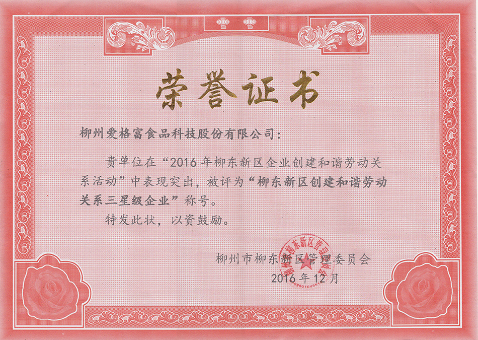 我司荣获“2016年柳州市柳东新区创建和谐劳动关系三星级企业”荣誉称号